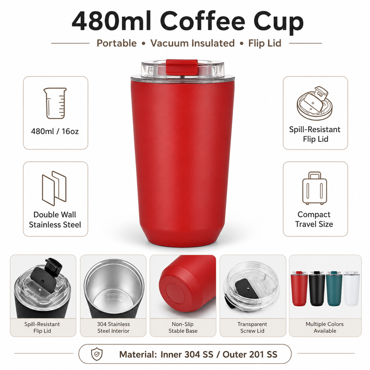 480ml Stainless Steel Custom Logo Travel Coffee Tumbler