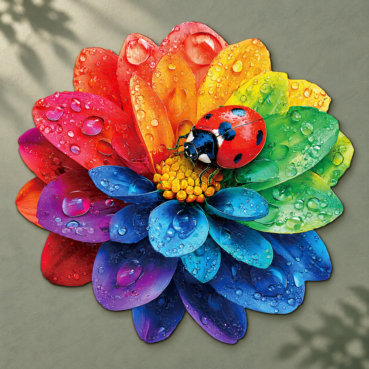 Dewdrop Rainbow Flower Wooden Jigsaw Puzzle – Colorful Ladybug Garden Art