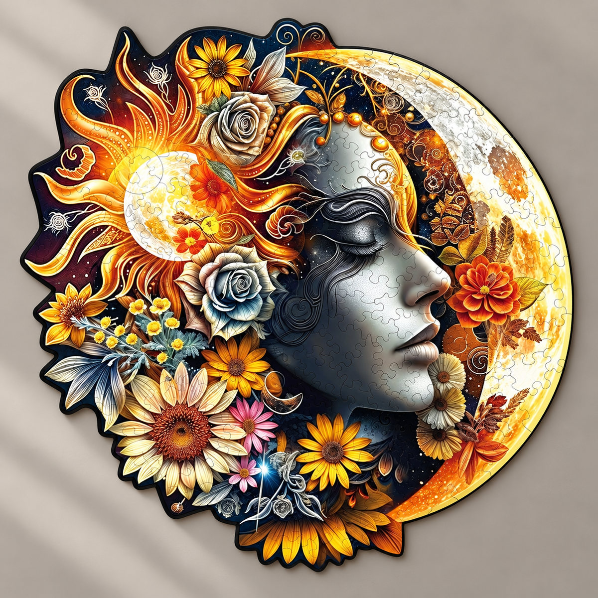 Celestial Bloom Wooden Jigsaw Puzzle – Moon Goddess, Golden Sun & Floral Art