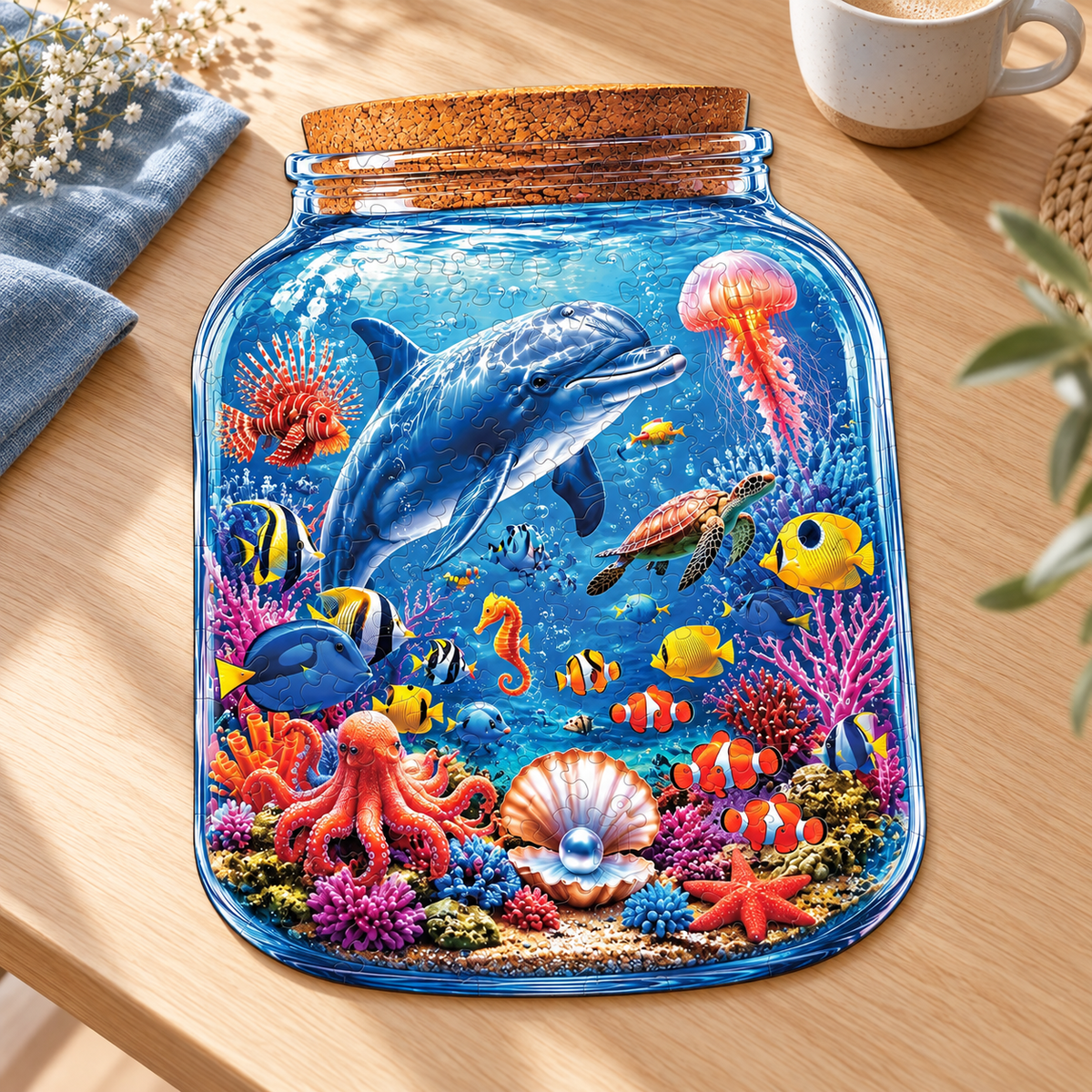 Ocean Treasures in a Jar Wooden Jigsaw Puzzle – Dolphin & Coral Reef Scene