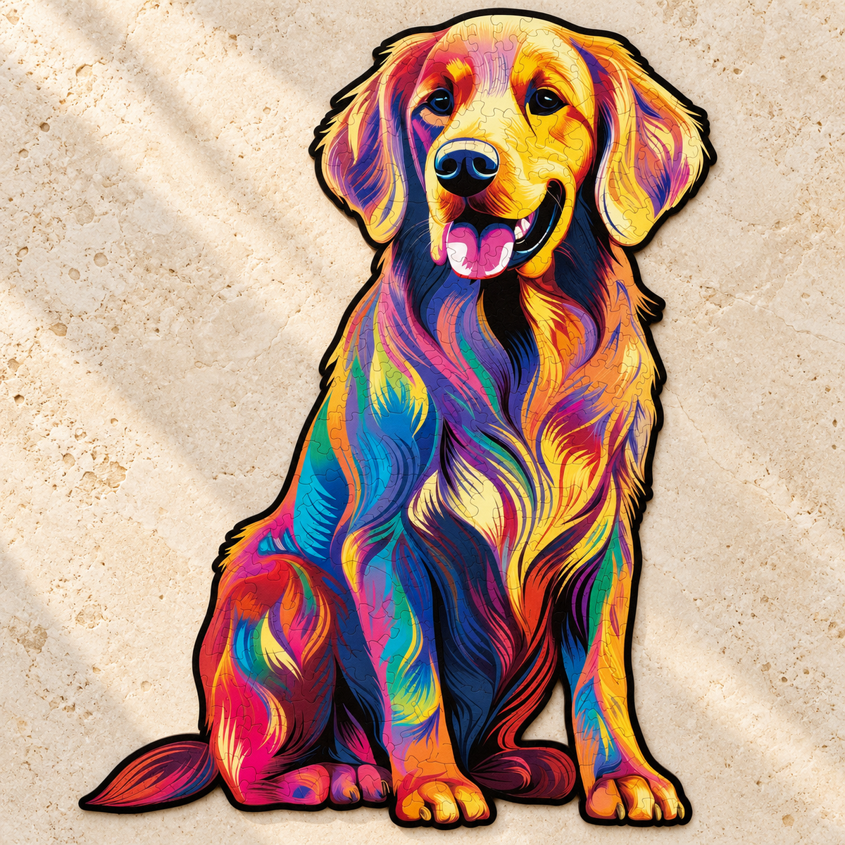 Rainbow Companion Wooden Jigsaw Puzzle – Smiling Golden Retriever Art
