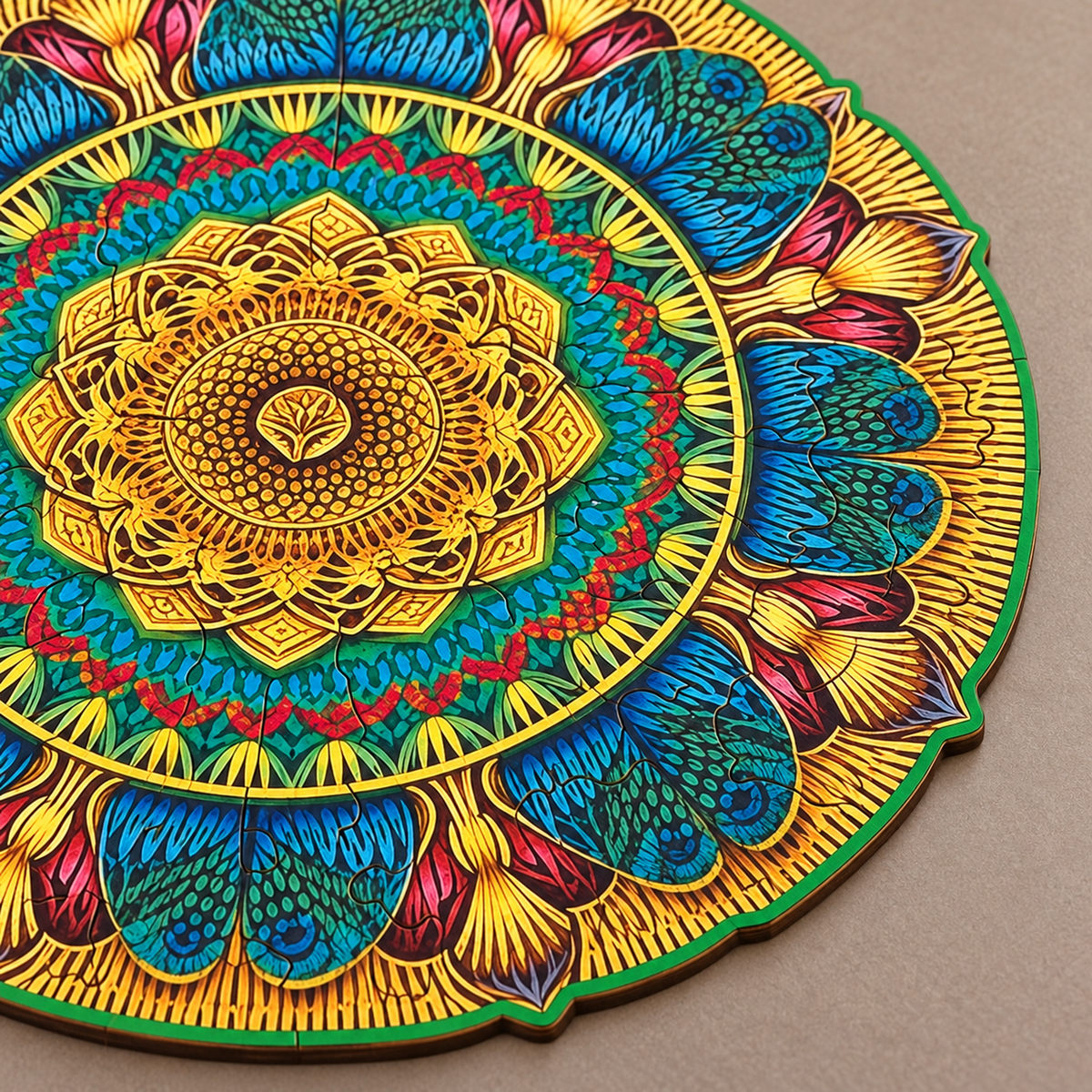 Golden Bloom Mandala Wooden Jigsaw Puzzle – Teal Feather & Floral Pattern