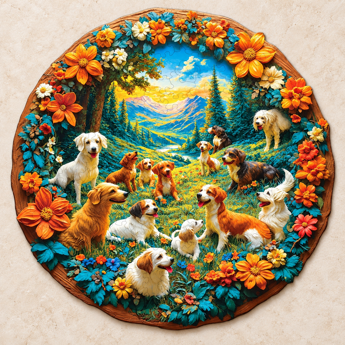 Sunny Meadow Dogs Wooden Jigsaw Puzzle – Floral Mountain Scene