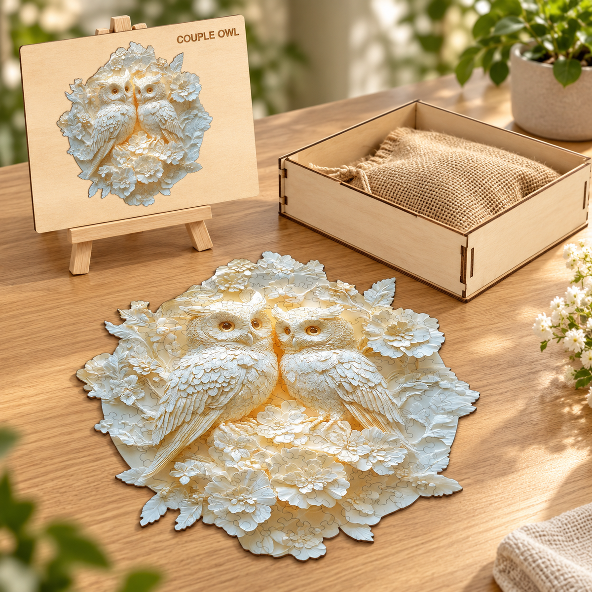 Ivory Blossom Owl Pair Wooden Jigsaw Puzzle – Floral Woodland Art