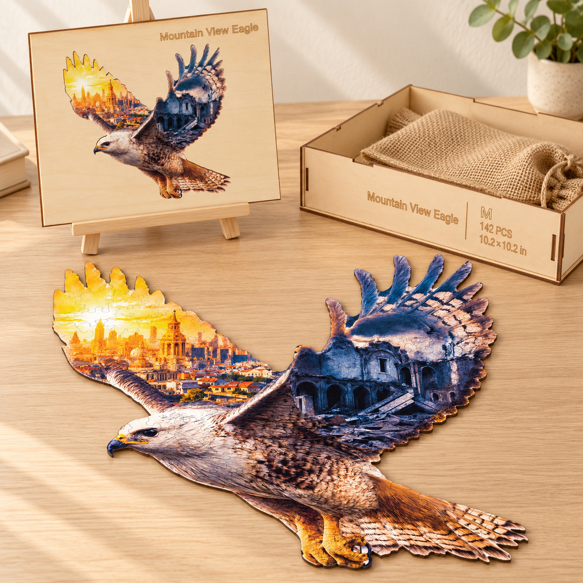 Eagle of Two Horizons Wooden Jigsaw Puzzle – Golden City & Ruins Art