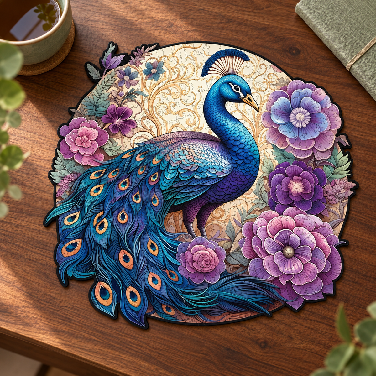 Peacock in Bloom Wooden Jigsaw Puzzle – Blue Feathers & Purple Floral Art