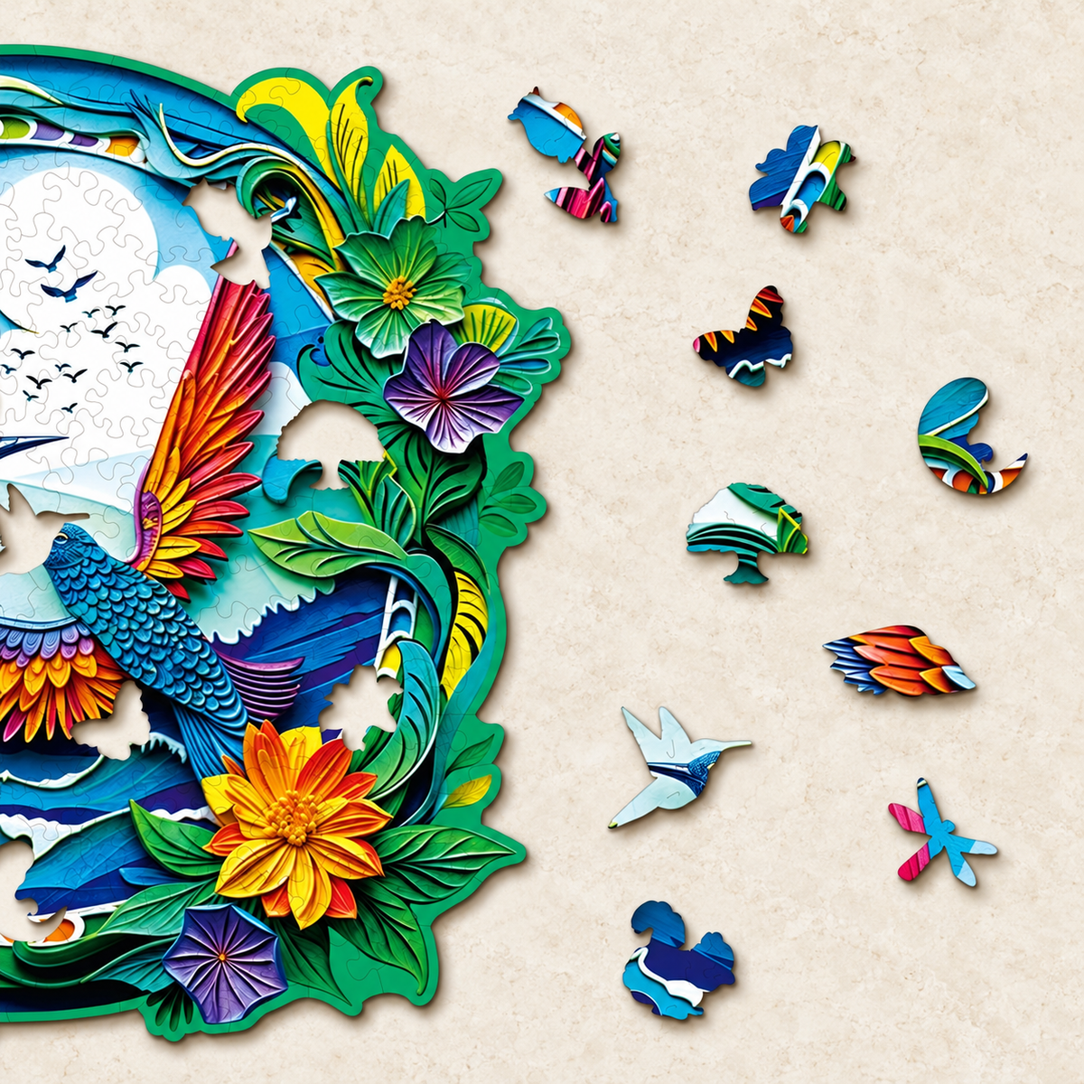 Rainbow Wings Wooden Jigsaw Puzzle – Hummingbird Duo & Floral Garden Art