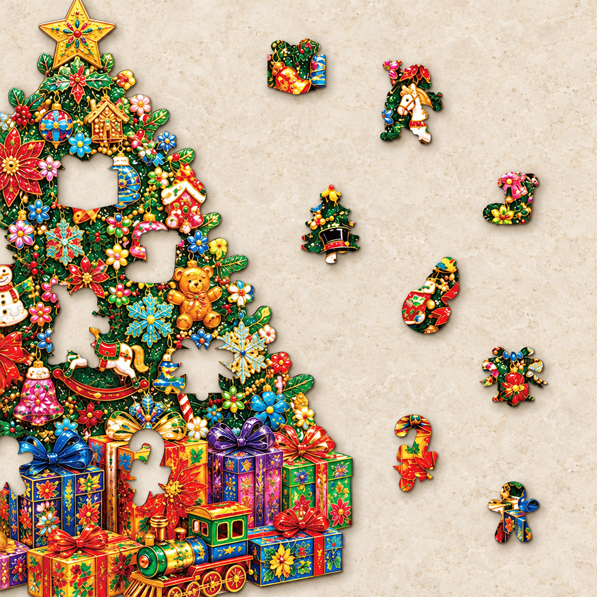 Festive Treasures Wooden Jigsaw Puzzle – Christmas Tree, Ornaments & Gifts