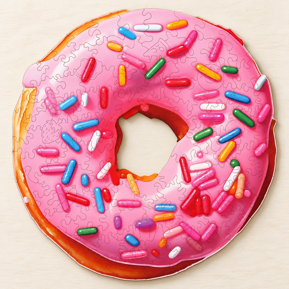 Pink Sprinkle Doughnut Wooden Jigsaw Puzzle – Sweet Treat Food Art