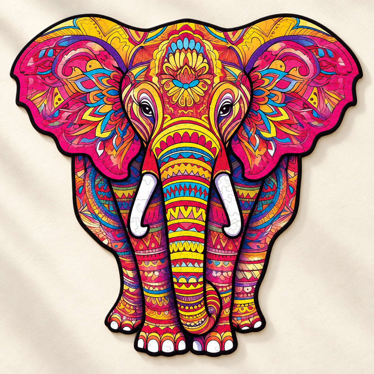 Colorful Mandala Elephant Wooden Jigsaw Puzzle – Ornate Animal Art