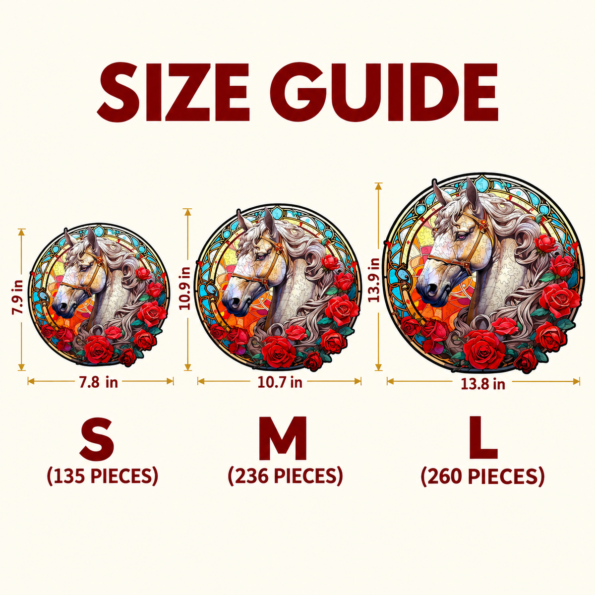 White Horse & Red Roses Wooden Jigsaw Puzzle – Stained Glass Style Portrait