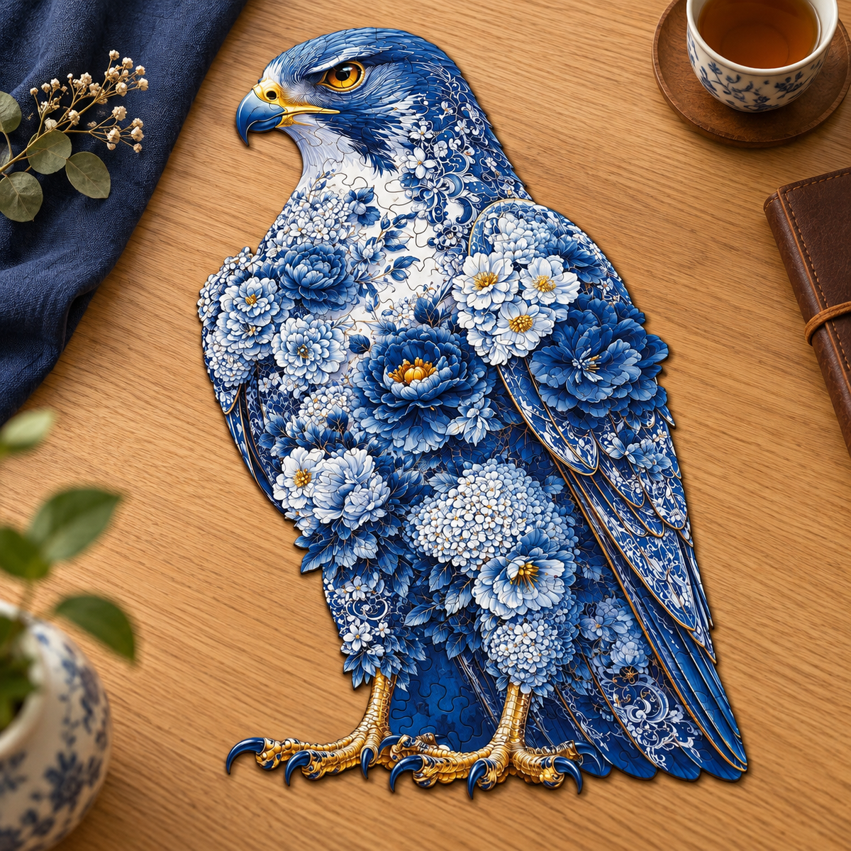 Cobalt Floral Eagle Wooden Jigsaw Puzzle – Blue & White Botanical Art