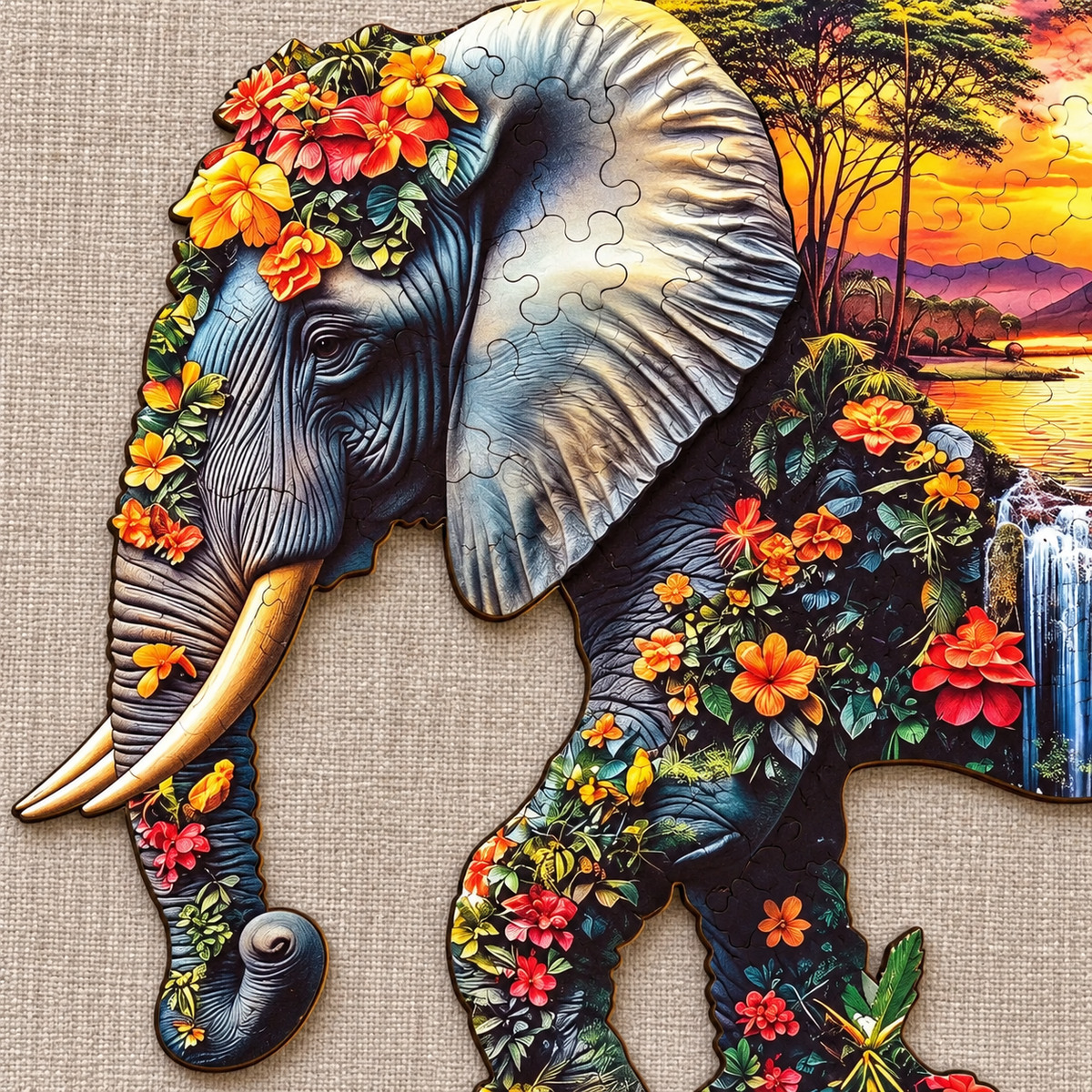 Sunset Elephant Oasis Wooden Jigsaw Puzzle – Waterfall & Floral Wildlife Art