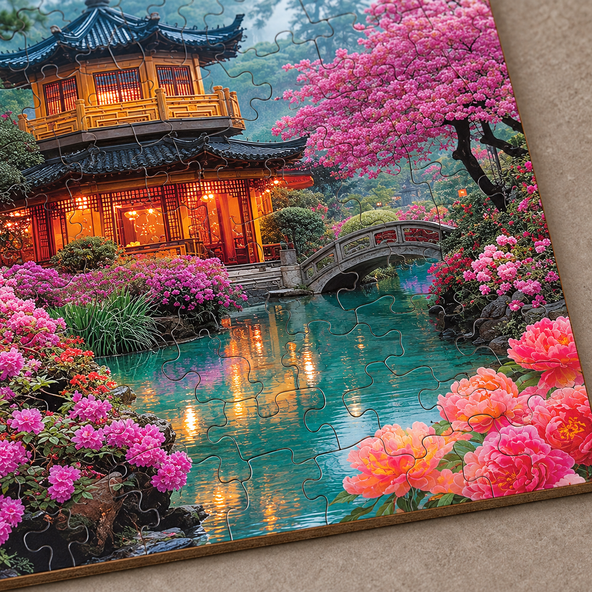 Blossom Stream Retreat Wooden Jigsaw Puzzle – Lantern Pavilion & Garden Bridge