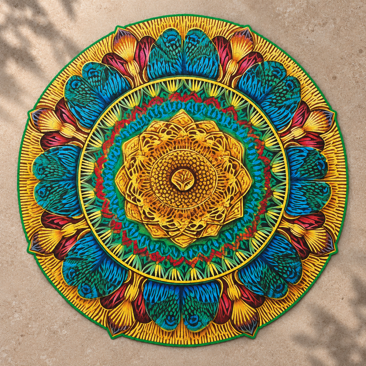 Golden Bloom Mandala Wooden Jigsaw Puzzle – Teal Feather & Floral Pattern