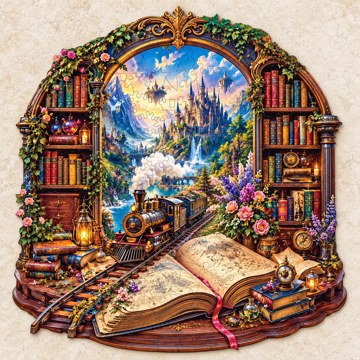 Enchanted Library Express Wooden Jigsaw Puzzle – Fantasy Castle & Steam Train