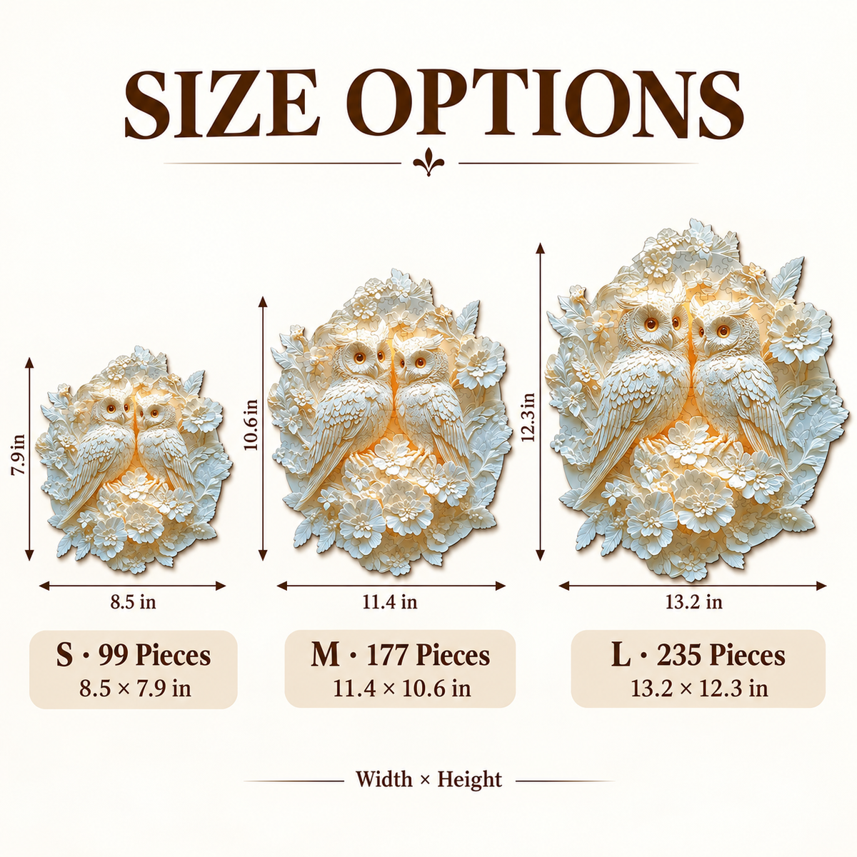 Ivory Blossom Owl Pair Wooden Jigsaw Puzzle – Floral Woodland Art