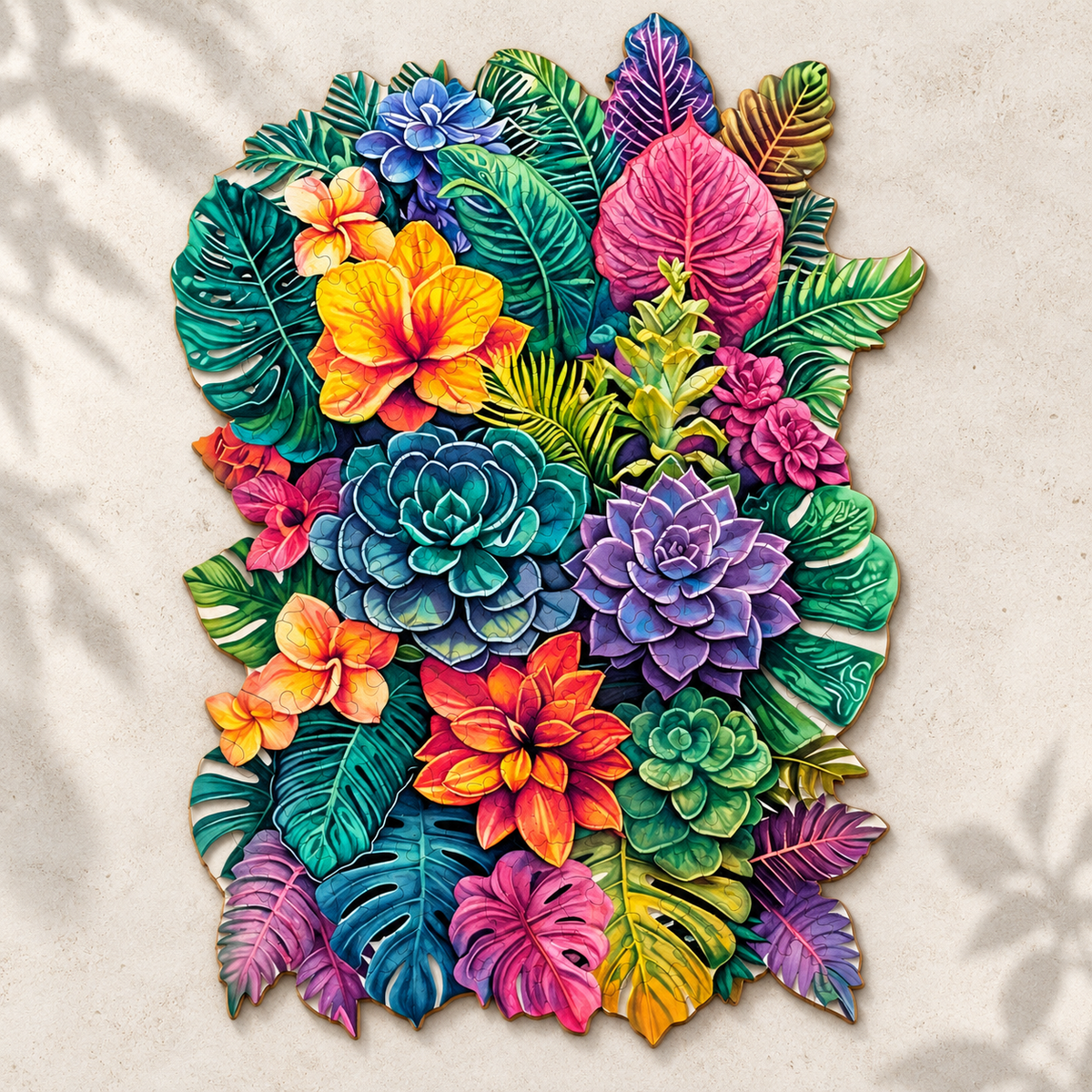 Tropical Bloom Mosaic Wooden Jigsaw Puzzle – Colorful Foliage & Succulent Art