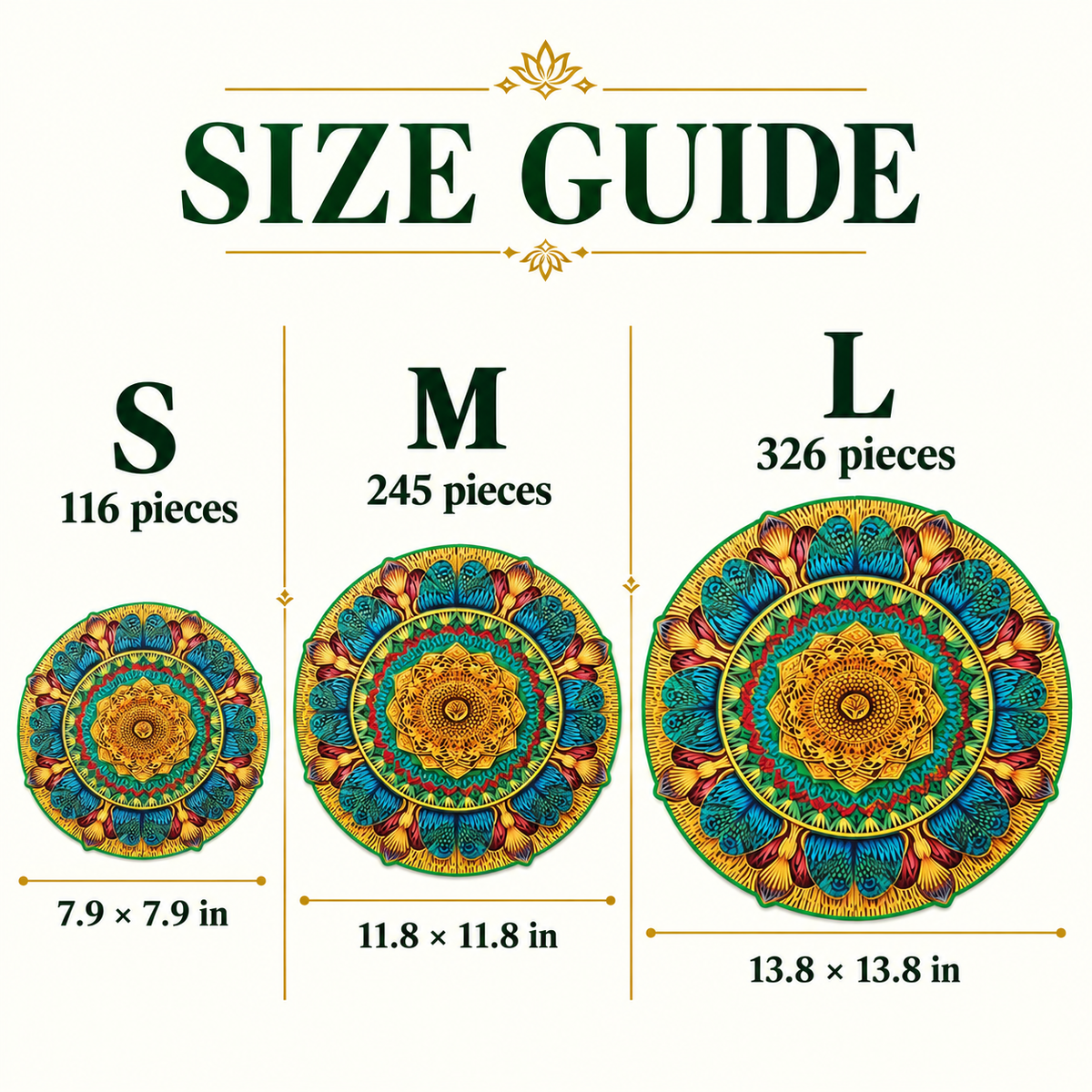 Golden Bloom Mandala Wooden Jigsaw Puzzle – Teal Feather & Floral Pattern
