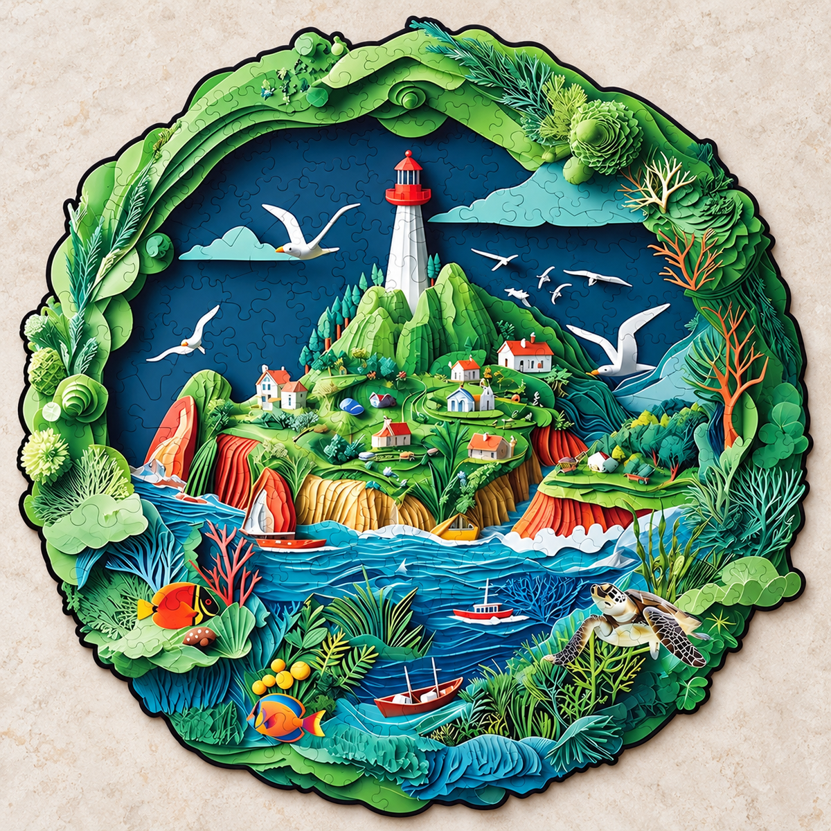 Lighthouse Cove Wooden Jigsaw Puzzle – Coastal Village & Ocean Wildlife