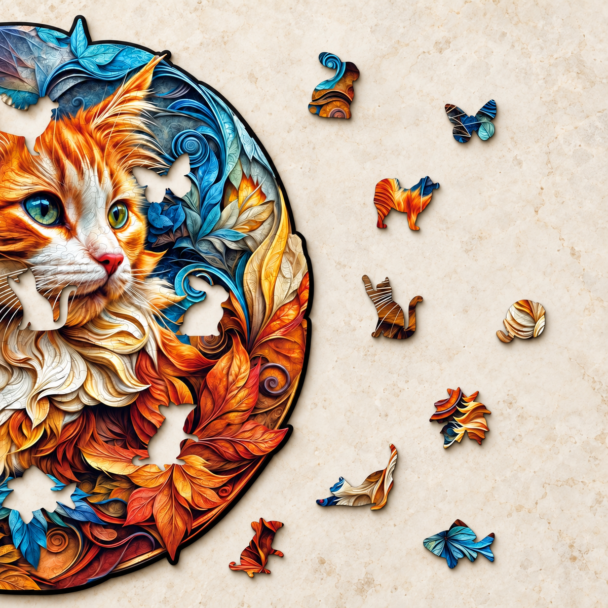 Amber Whiskers Wooden Jigsaw Puzzle – Ginger Kitten & Ornamental Leaf Art