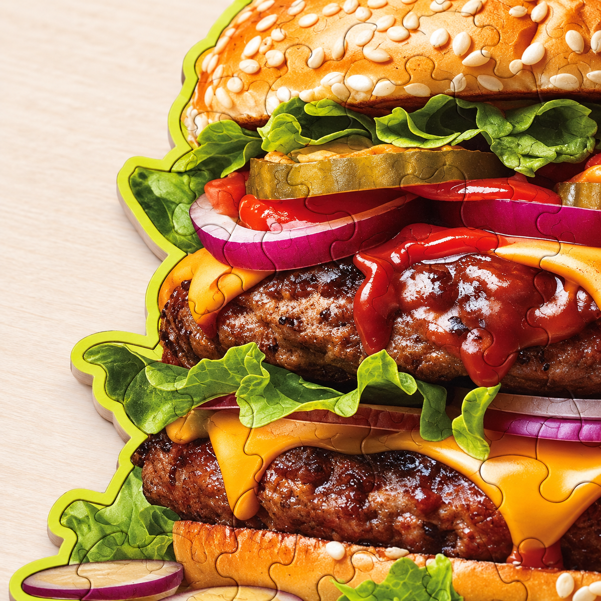 Double Cheeseburger Wooden Jigsaw Puzzle – Burger Shaped Food Art