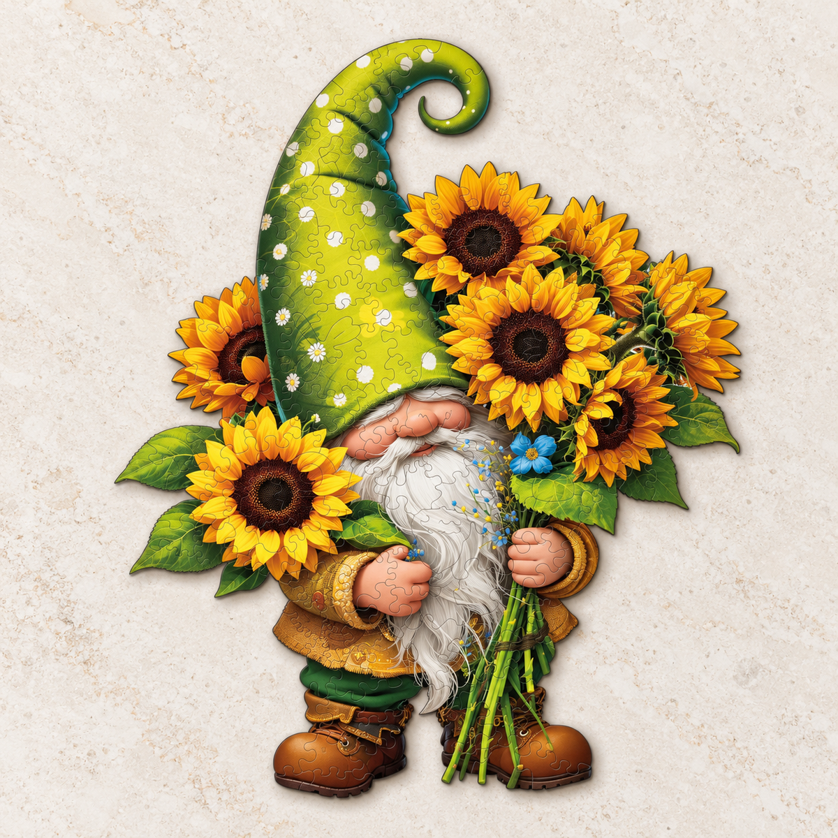 Golden Blooms Garden Gnome Wooden Jigsaw Puzzle
