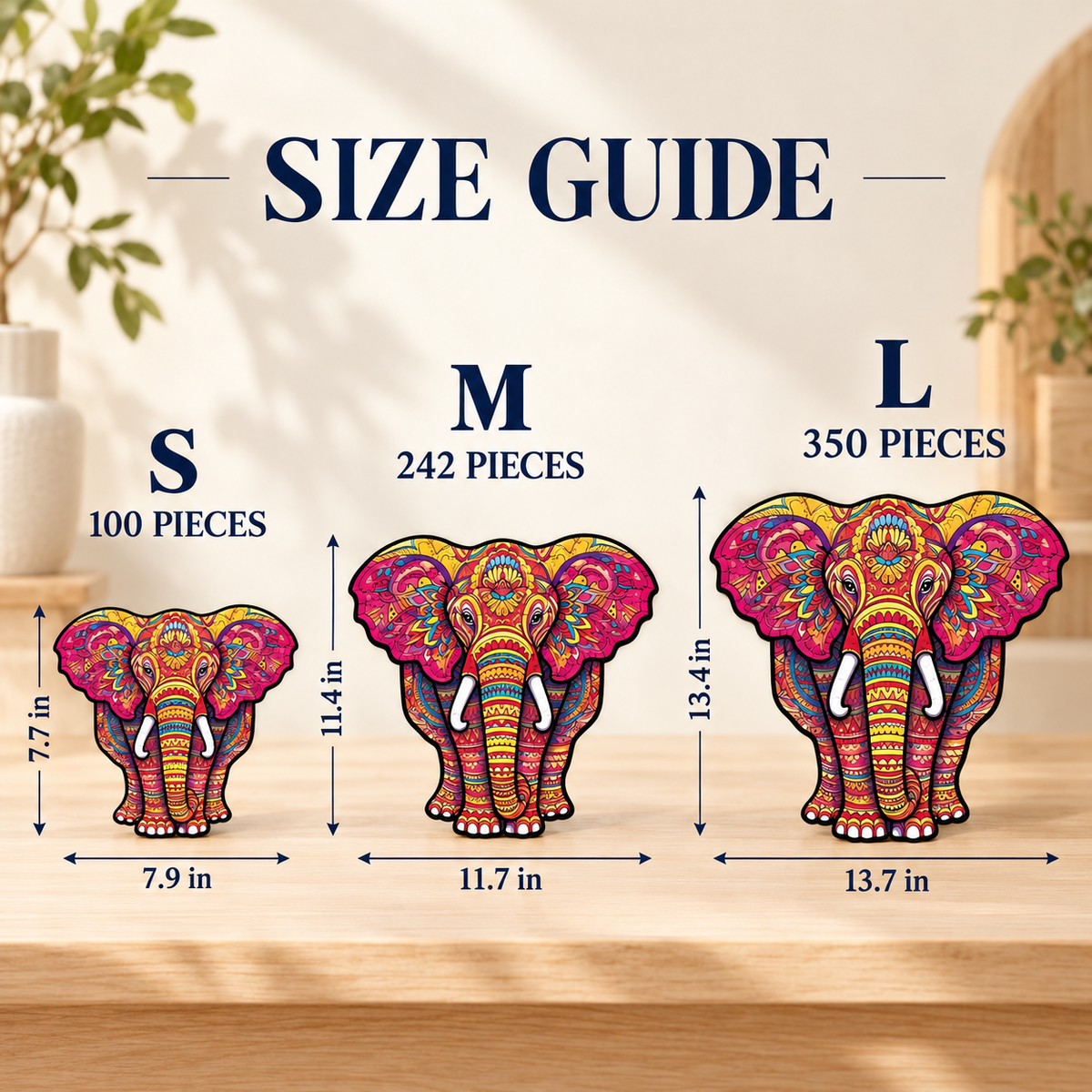 Colorful Mandala Elephant Wooden Jigsaw Puzzle – Ornate Animal Art