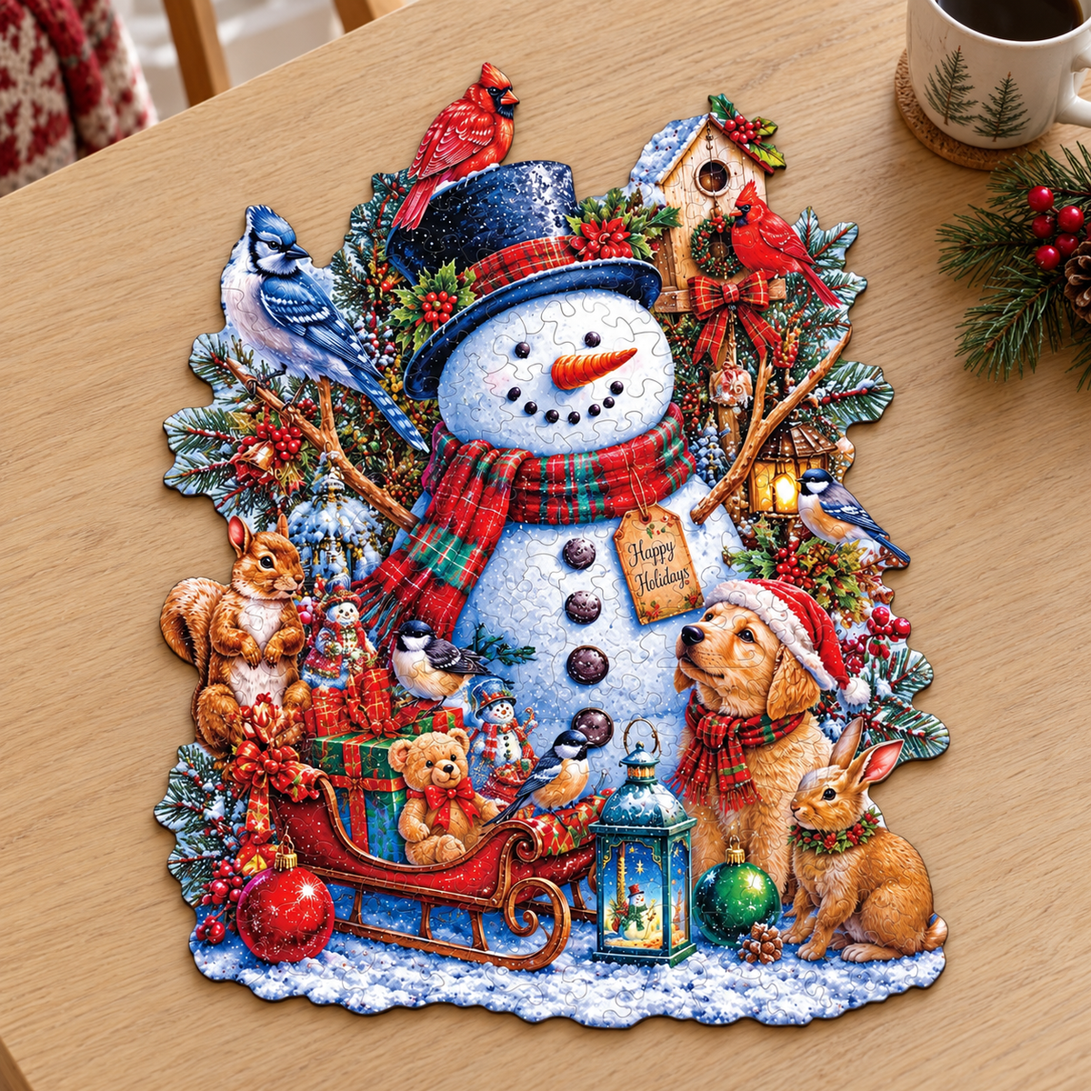 Snowman & Woodland Friends Wooden Jigsaw Puzzle – Festive Christmas Scene