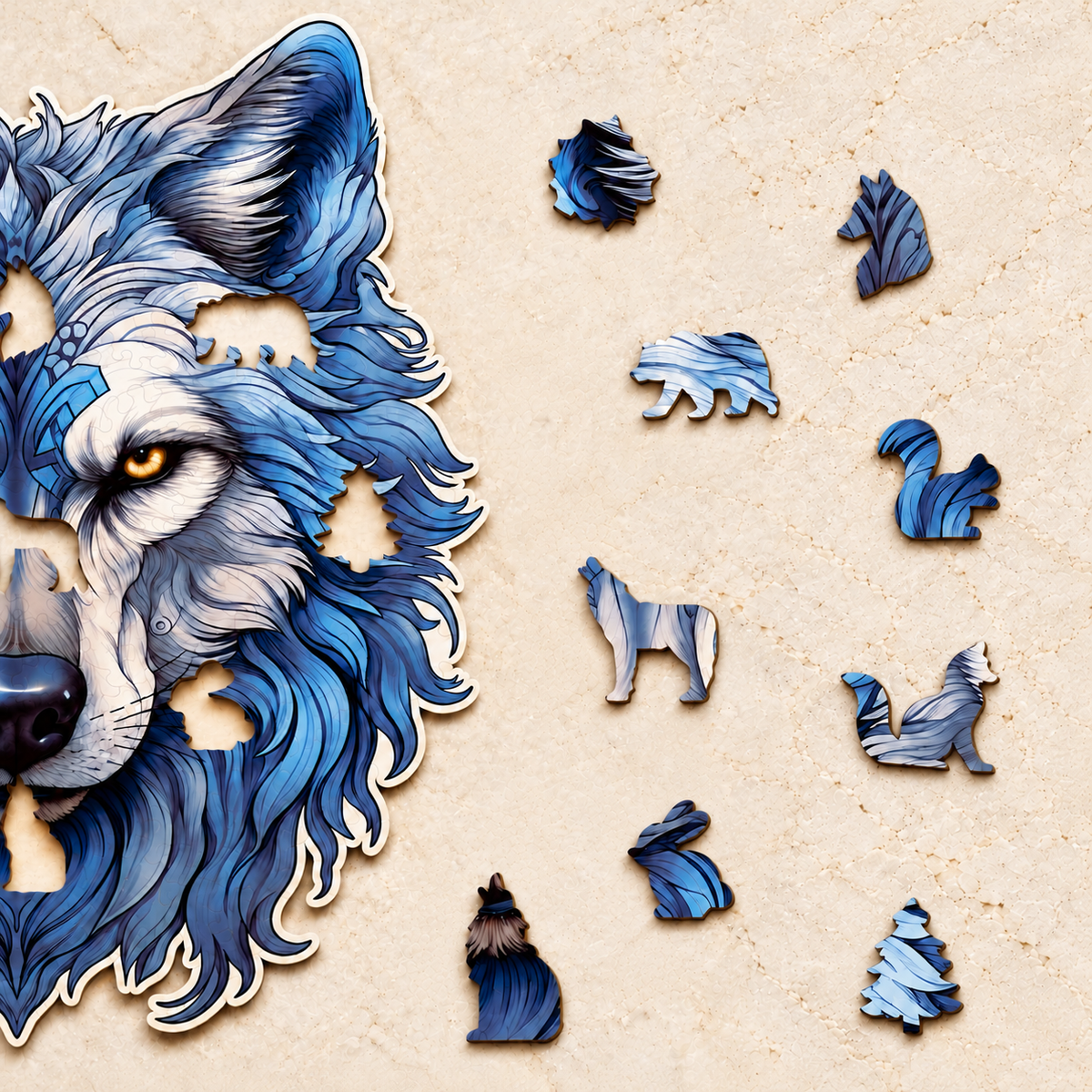 Frost Guardian Wooden Jigsaw Puzzle – Blue Wolf Portrait with Golden Eyes