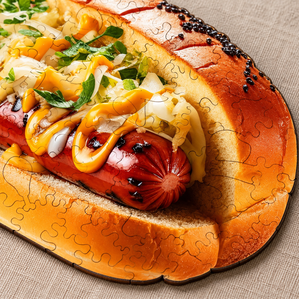 Loaded Hot Dog Wooden Jigsaw Puzzle – 121-Piece Food Shaped Puzzle