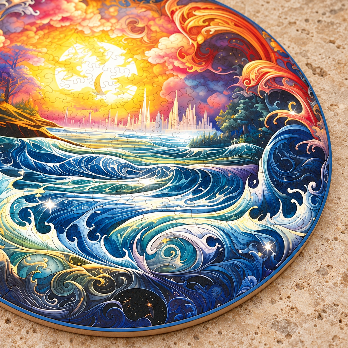 Golden Horizon Wooden Jigsaw Puzzle – Swirling Ocean Waves & Sunset Art