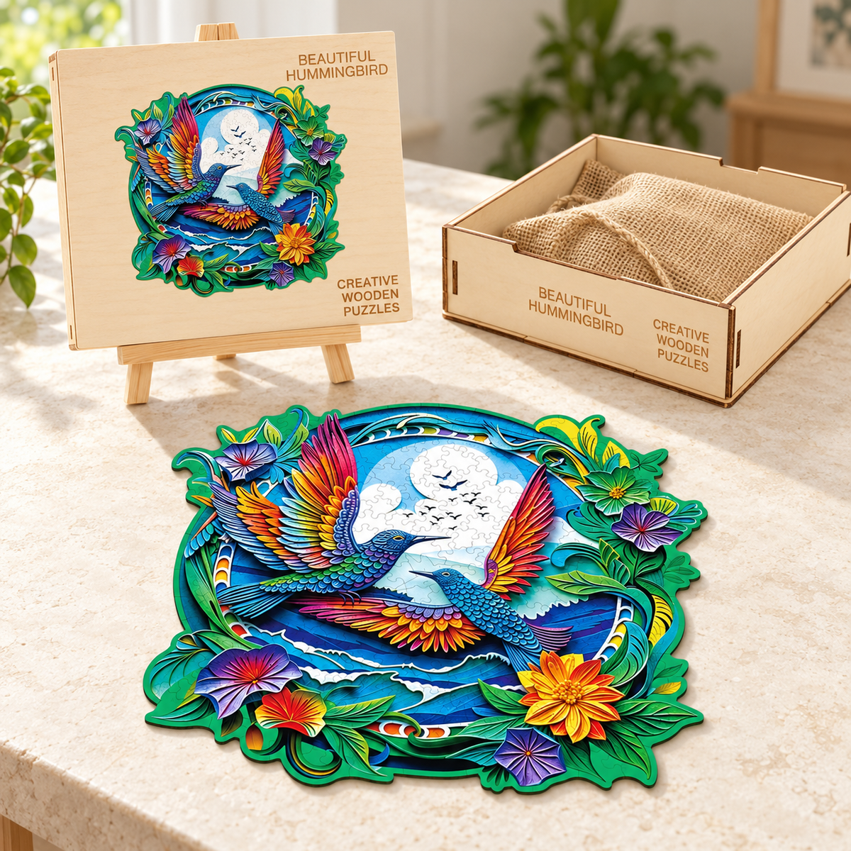 Rainbow Wings Wooden Jigsaw Puzzle – Hummingbird Duo & Floral Garden Art