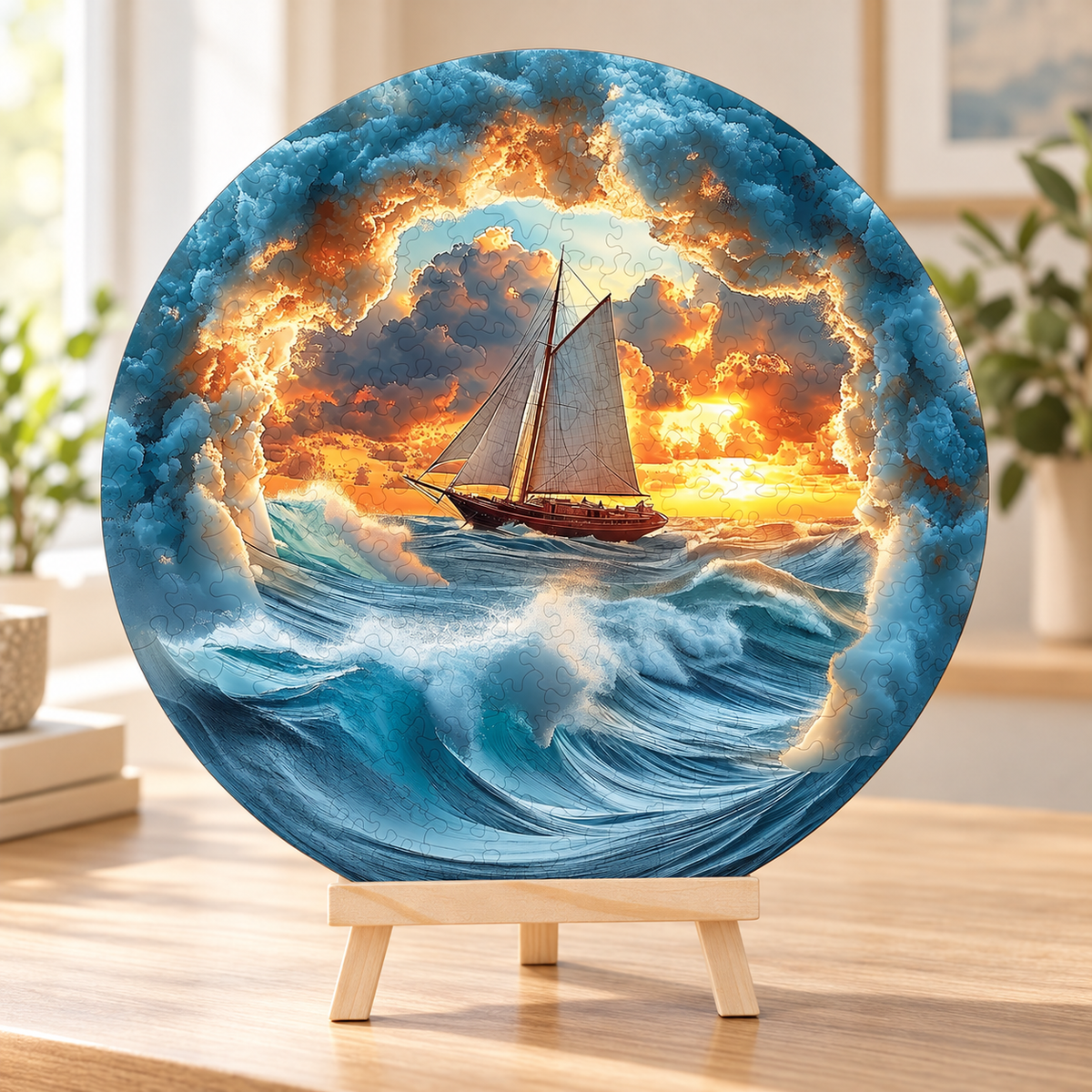 Sunset Voyage Round Wooden Jigsaw Puzzle