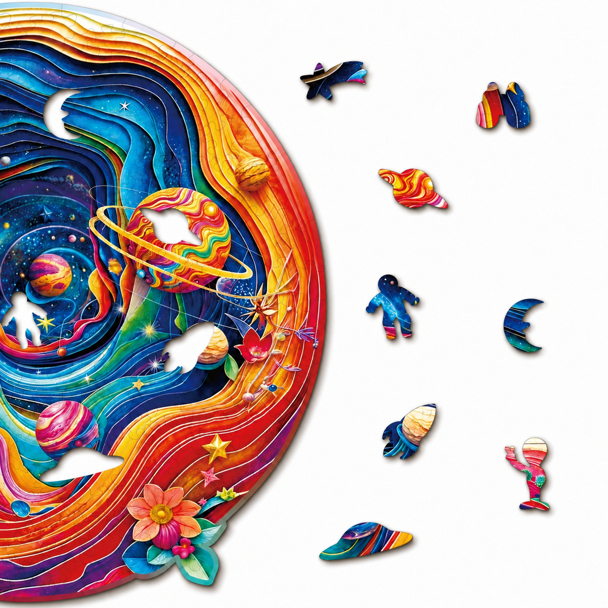 Rainbow Galaxy Wooden Jigsaw Puzzle – Colorful Planets & Cosmic Art
