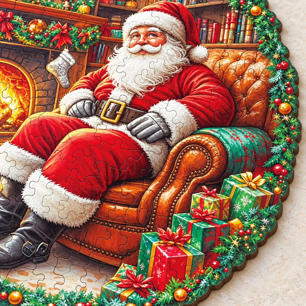 Santa’s Fireside Retreat Wooden Jigsaw Puzzle – Cozy Christmas Scene