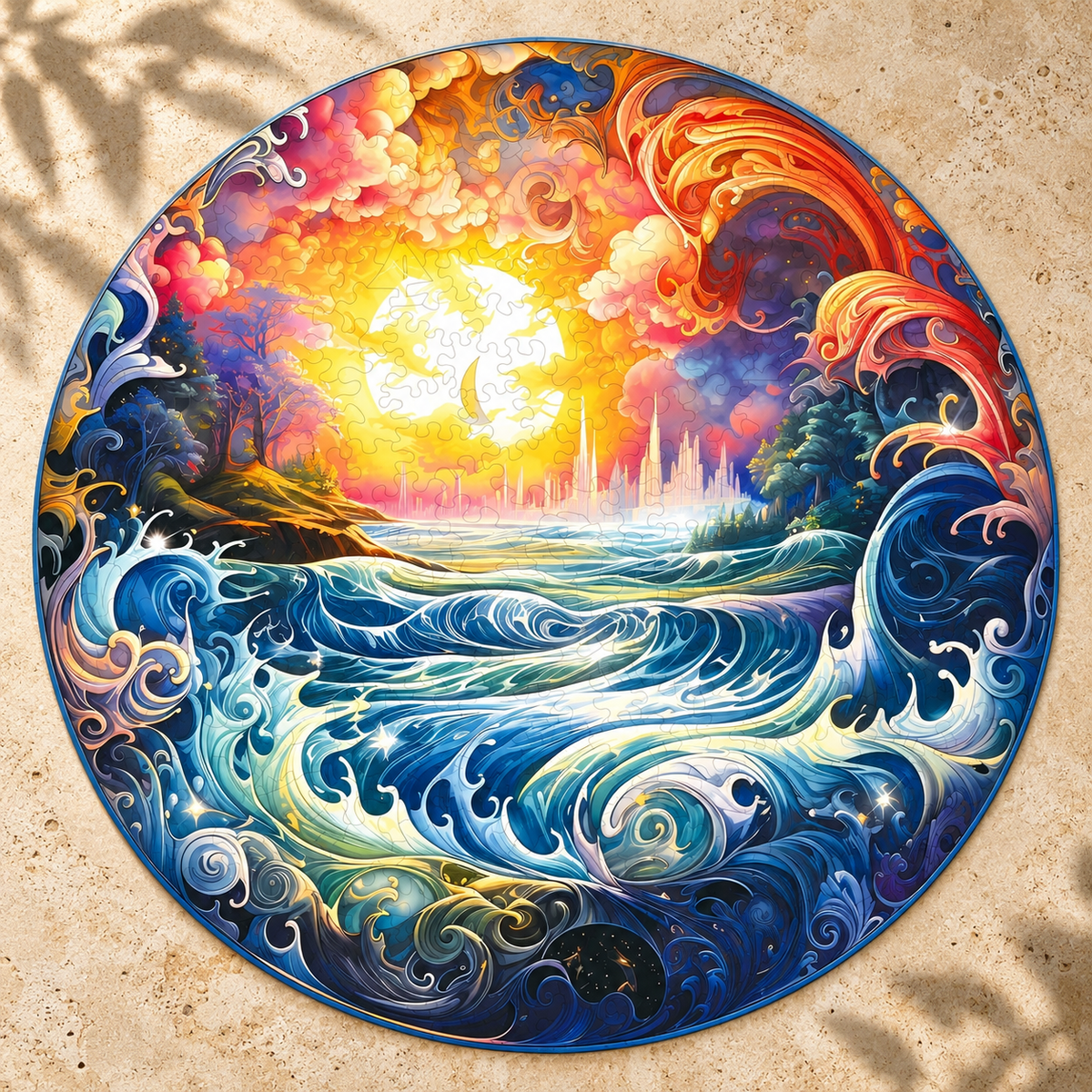 Golden Horizon Wooden Jigsaw Puzzle – Swirling Ocean Waves & Sunset Art