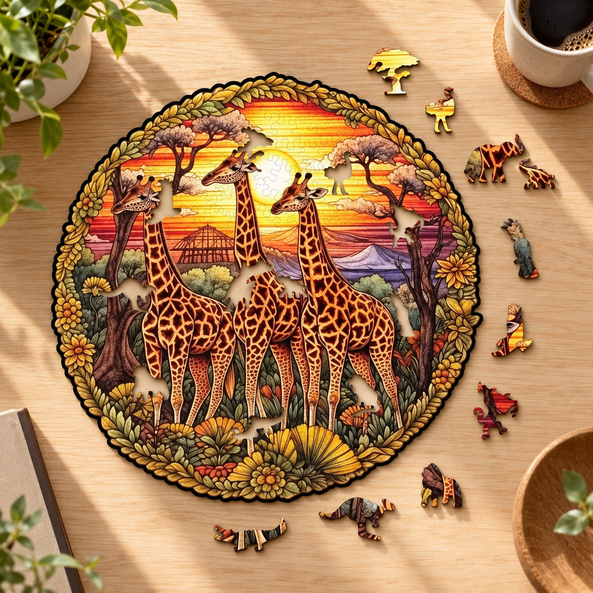 Savanna Sunset Giraffe Family Wooden Jigsaw Puzzle