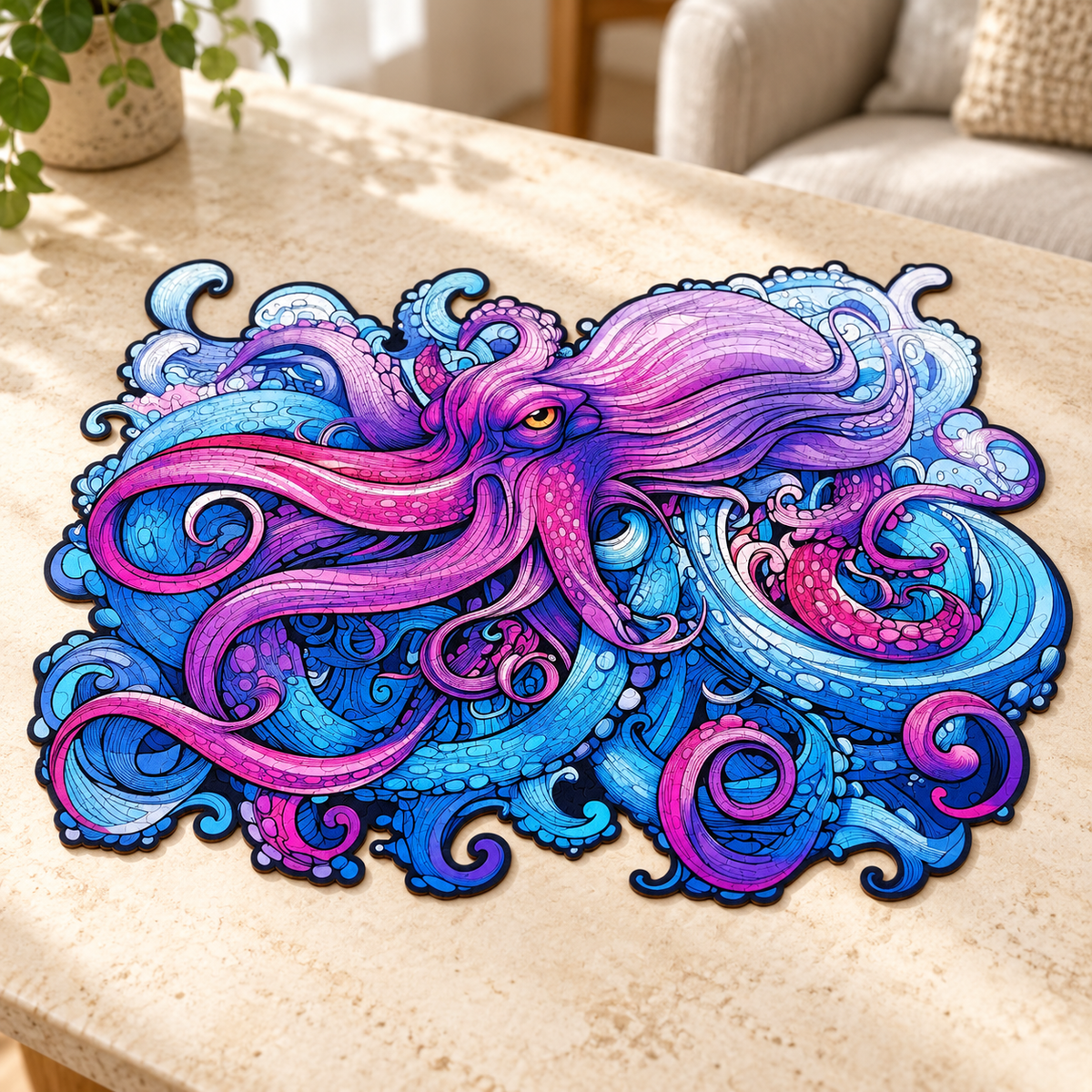 Violet Tides Wooden Jigsaw Puzzle – Octopus & Ocean Wave Art