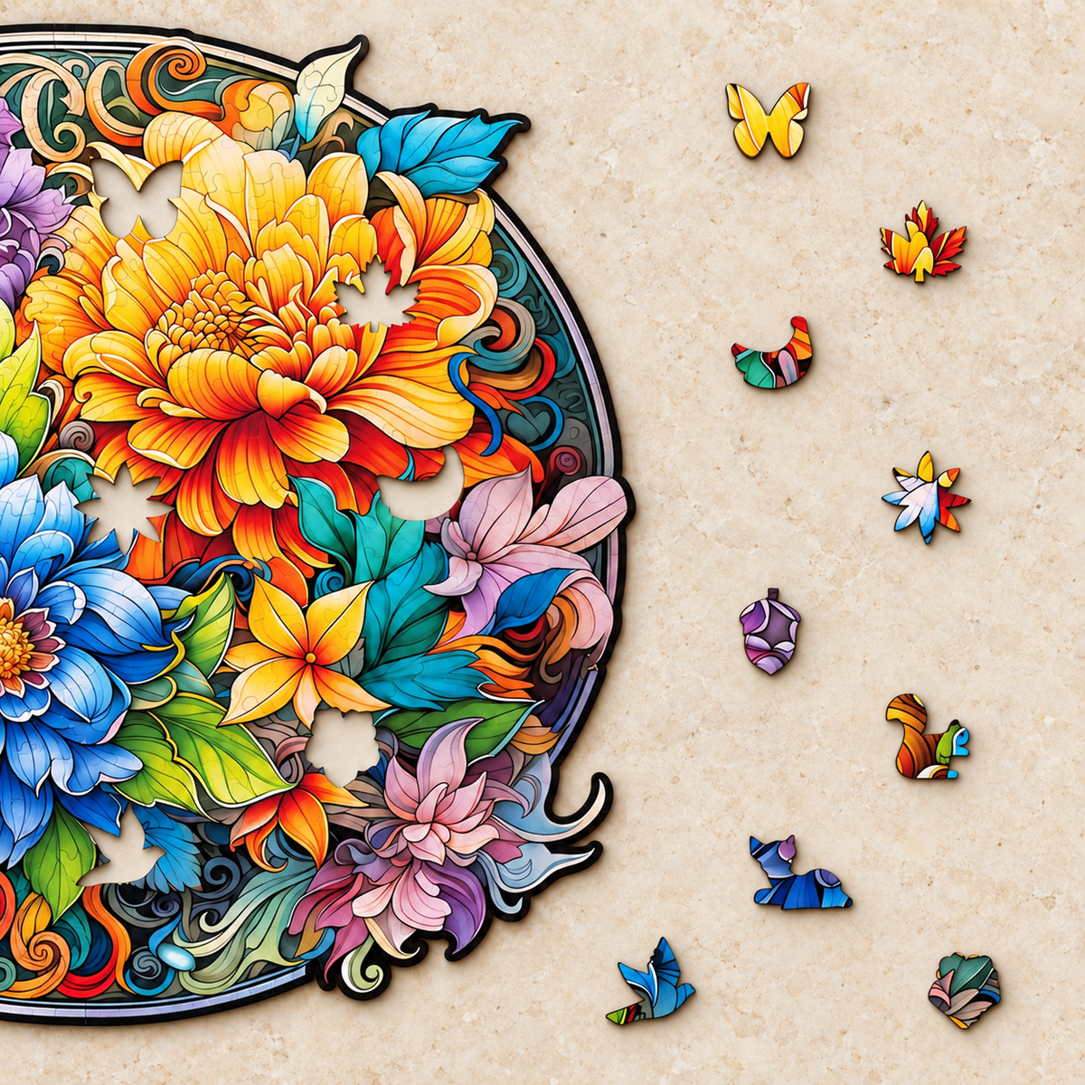 Golden & Blue Blossom Wooden Jigsaw Puzzle – Ornate Floral Garden Art