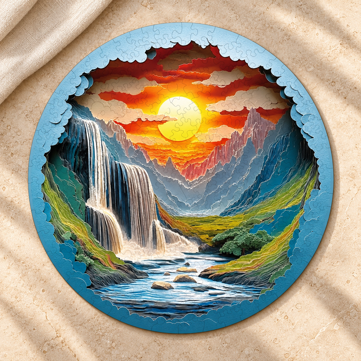 Sunset Waterfall Canyon Wooden Jigsaw Puzzle with 3D Visual Effect