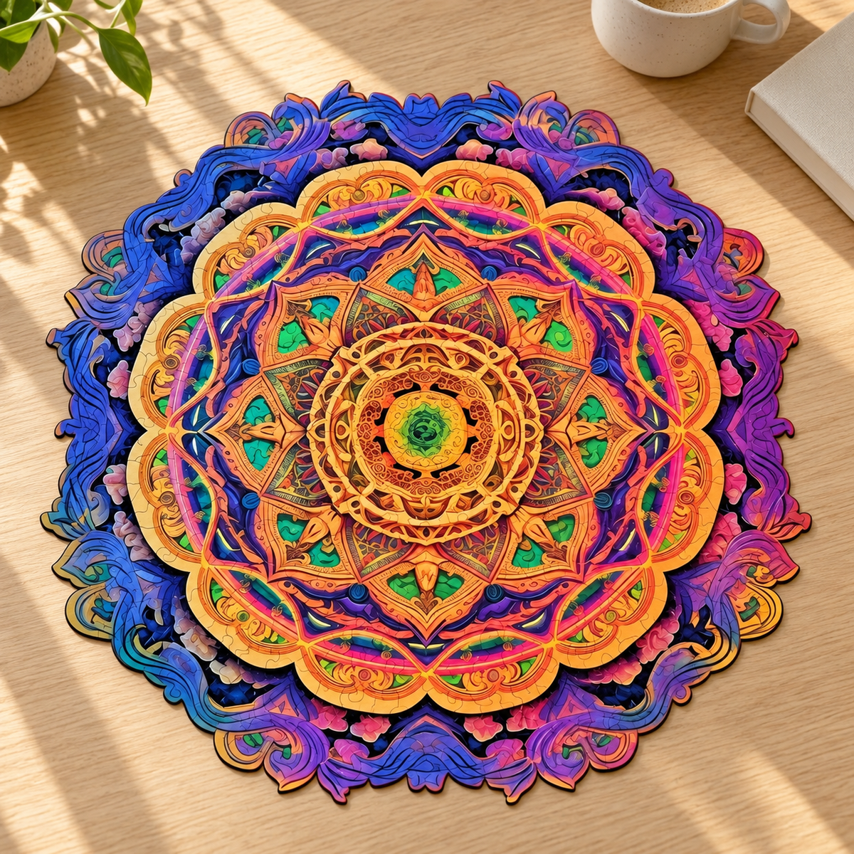 Radiant Harmony Mandala Wooden Jigsaw Puzzle – Colorful Geometric Art