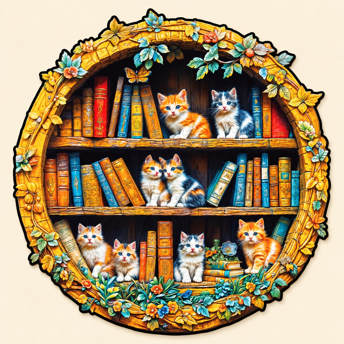 Cozy Bookshelf Kittens Wooden Jigsaw Puzzle with 3D Visual Effect
