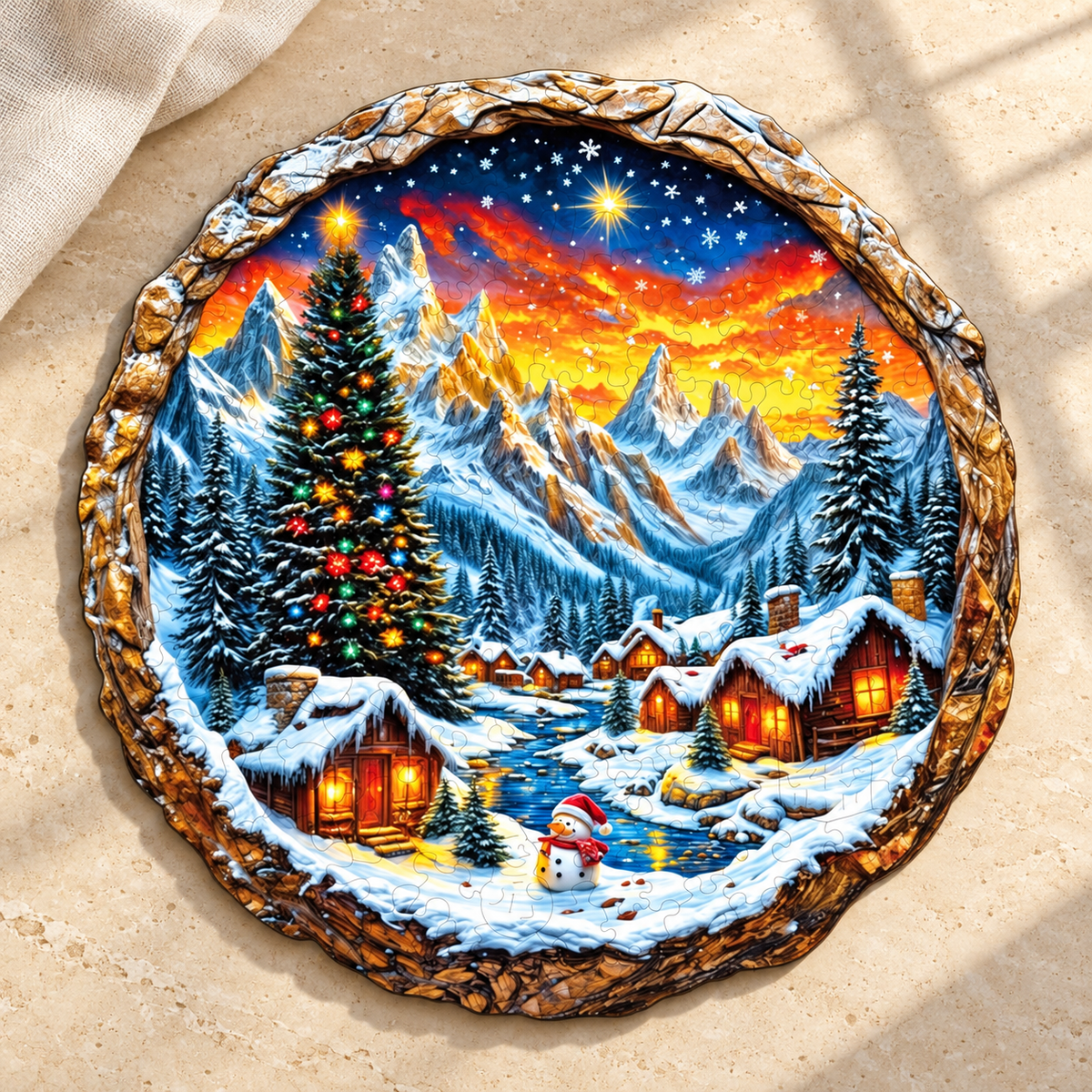 Snowy Christmas Village Wooden Jigsaw Puzzle with 3D Visual Effect