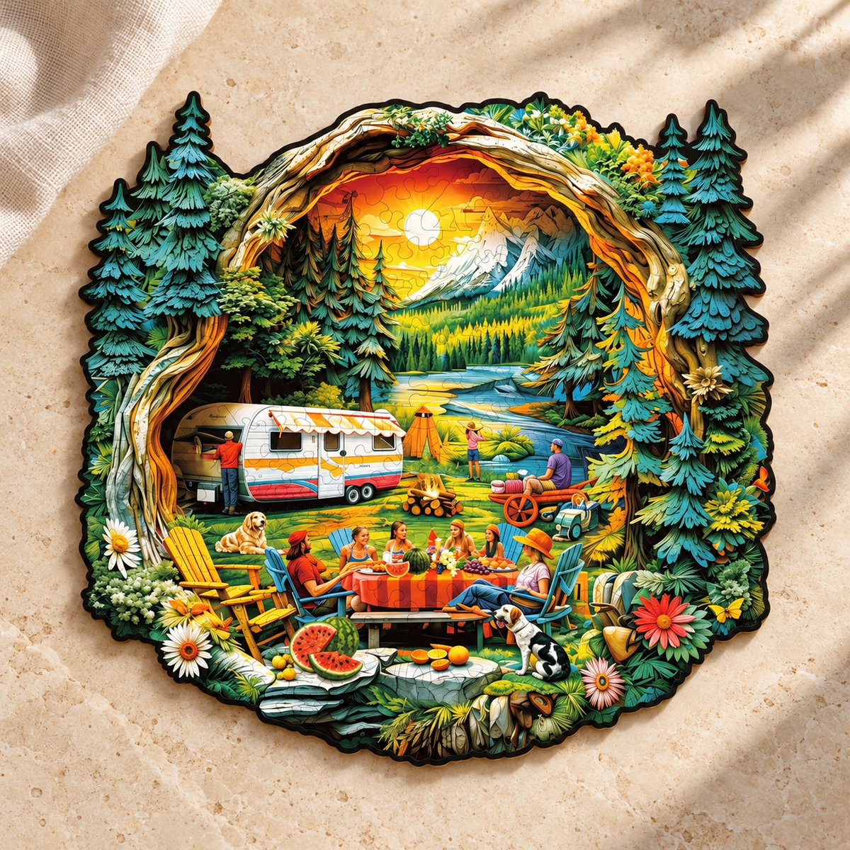 Lakeside Summer Camping Wooden Jigsaw Puzzle with 3D Visual Effect