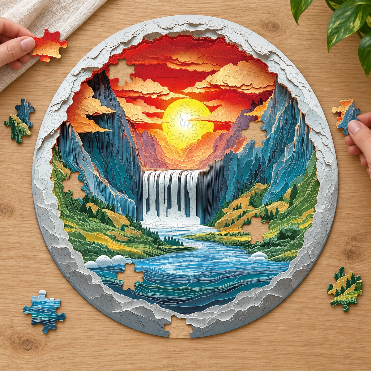 Golden Sunset Canyon Wooden Jigsaw Puzzle with Waterfall Art & 3D Visual Effect