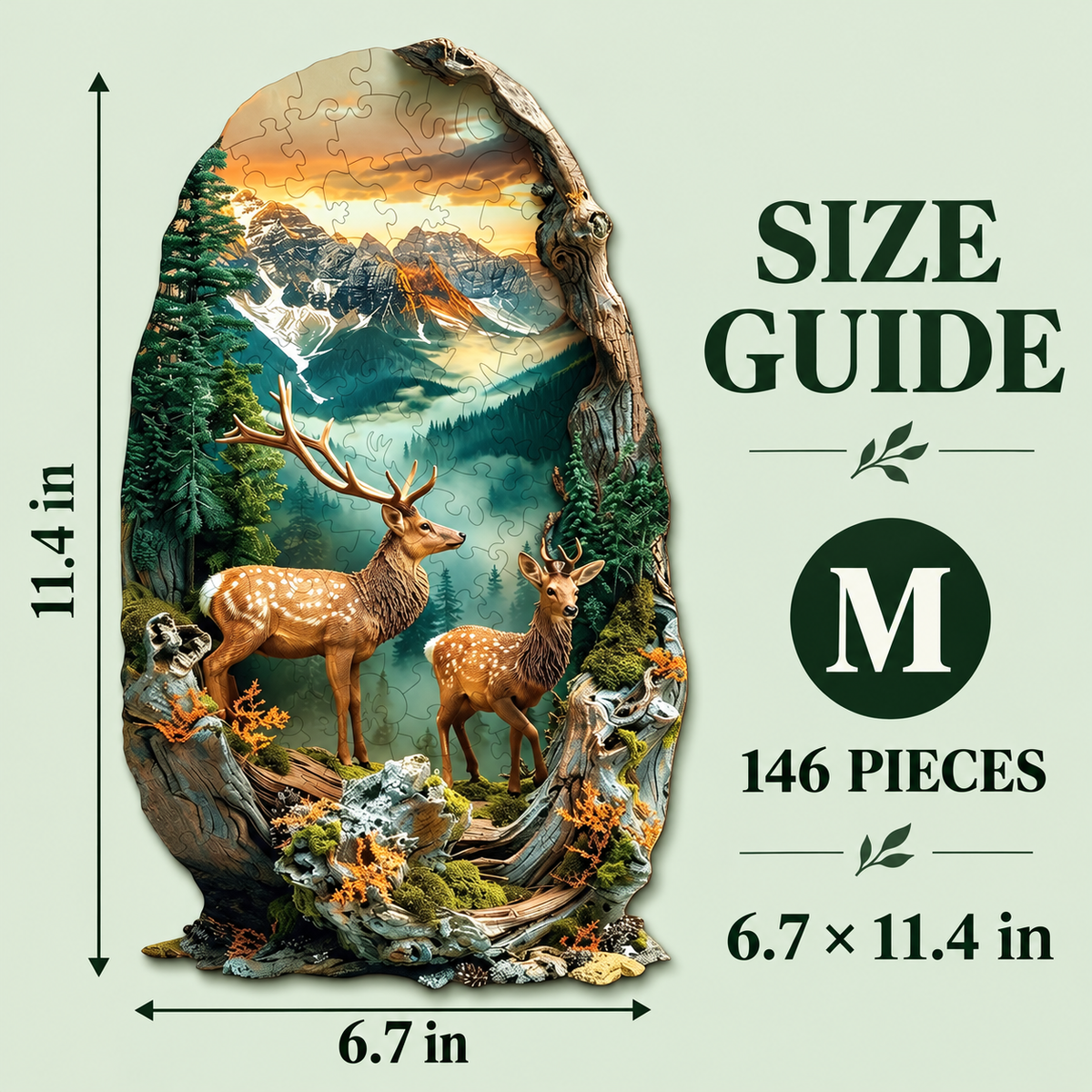 Alpine Deer Retreat Wooden Jigsaw Puzzle – Mountain Sunset & Woodland Wildlife