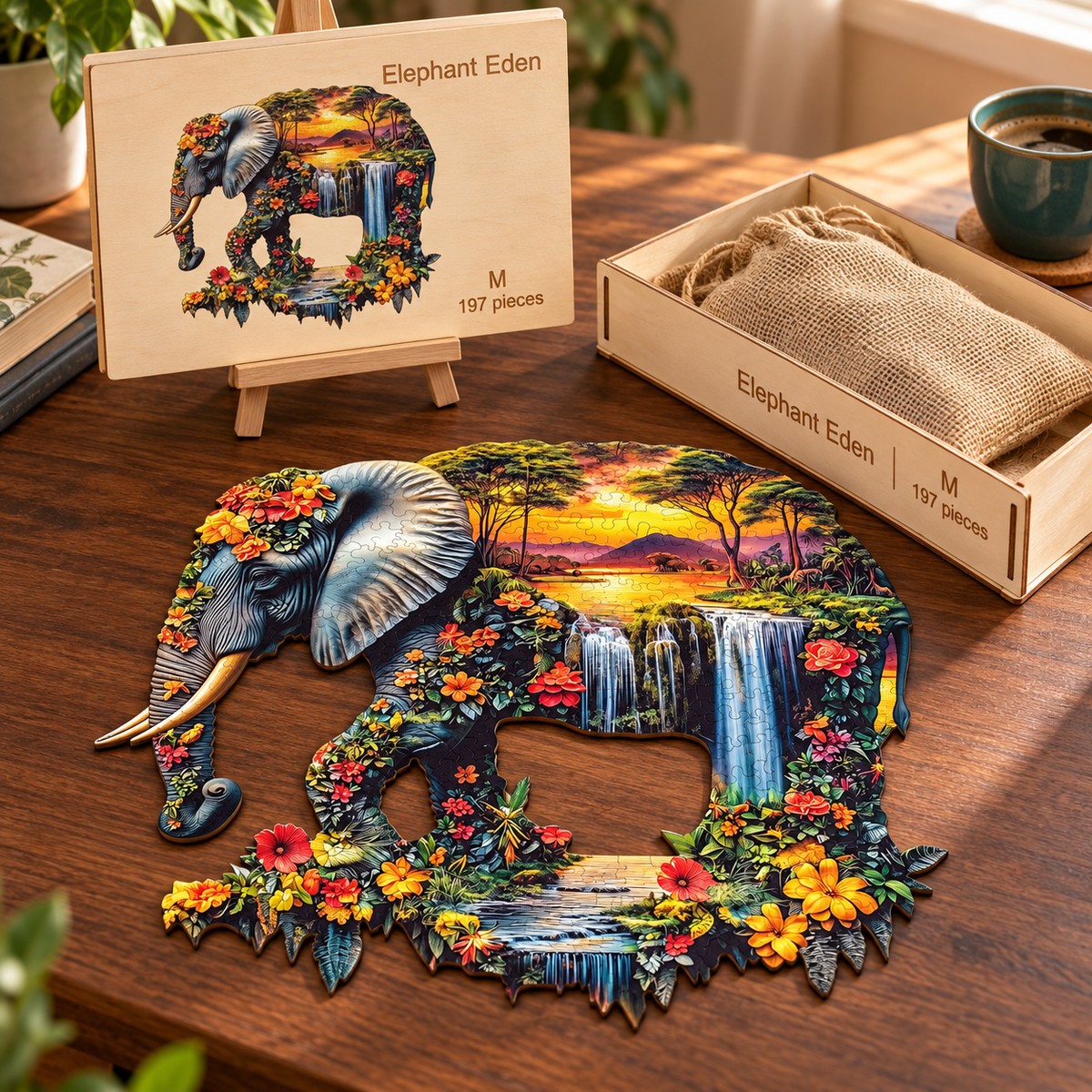 Sunset Elephant Oasis Wooden Jigsaw Puzzle – Waterfall & Floral Wildlife Art