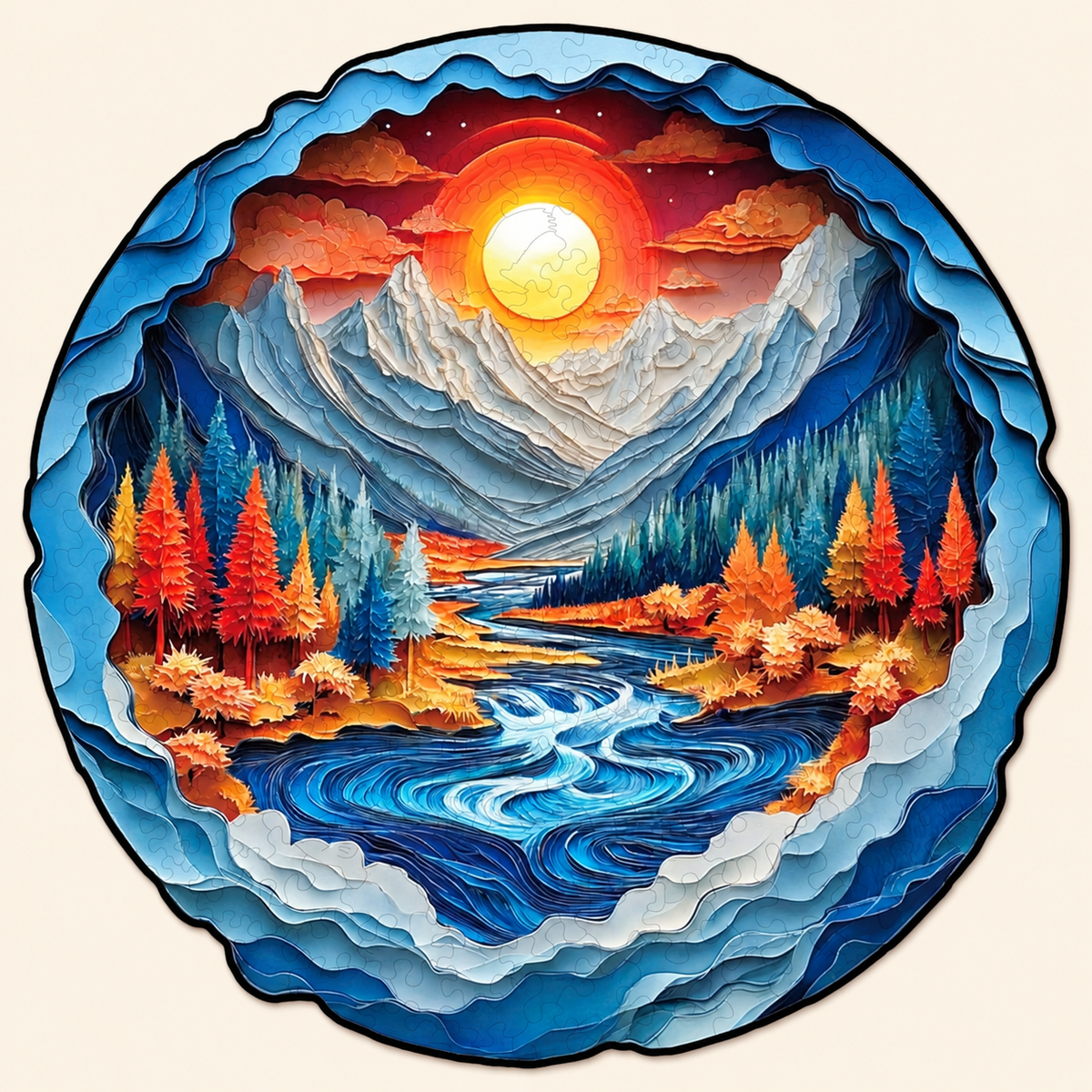 Sunset Alpine River Wooden Jigsaw Puzzle with 3D Visual Effect