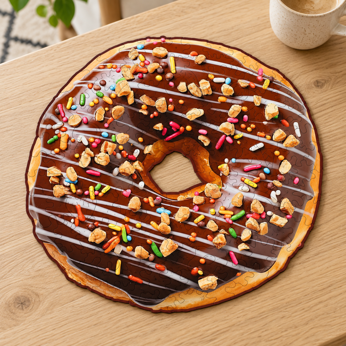 Chocolate Sprinkle Delight Wooden Jigsaw Puzzle – Donut Shaped Food Art